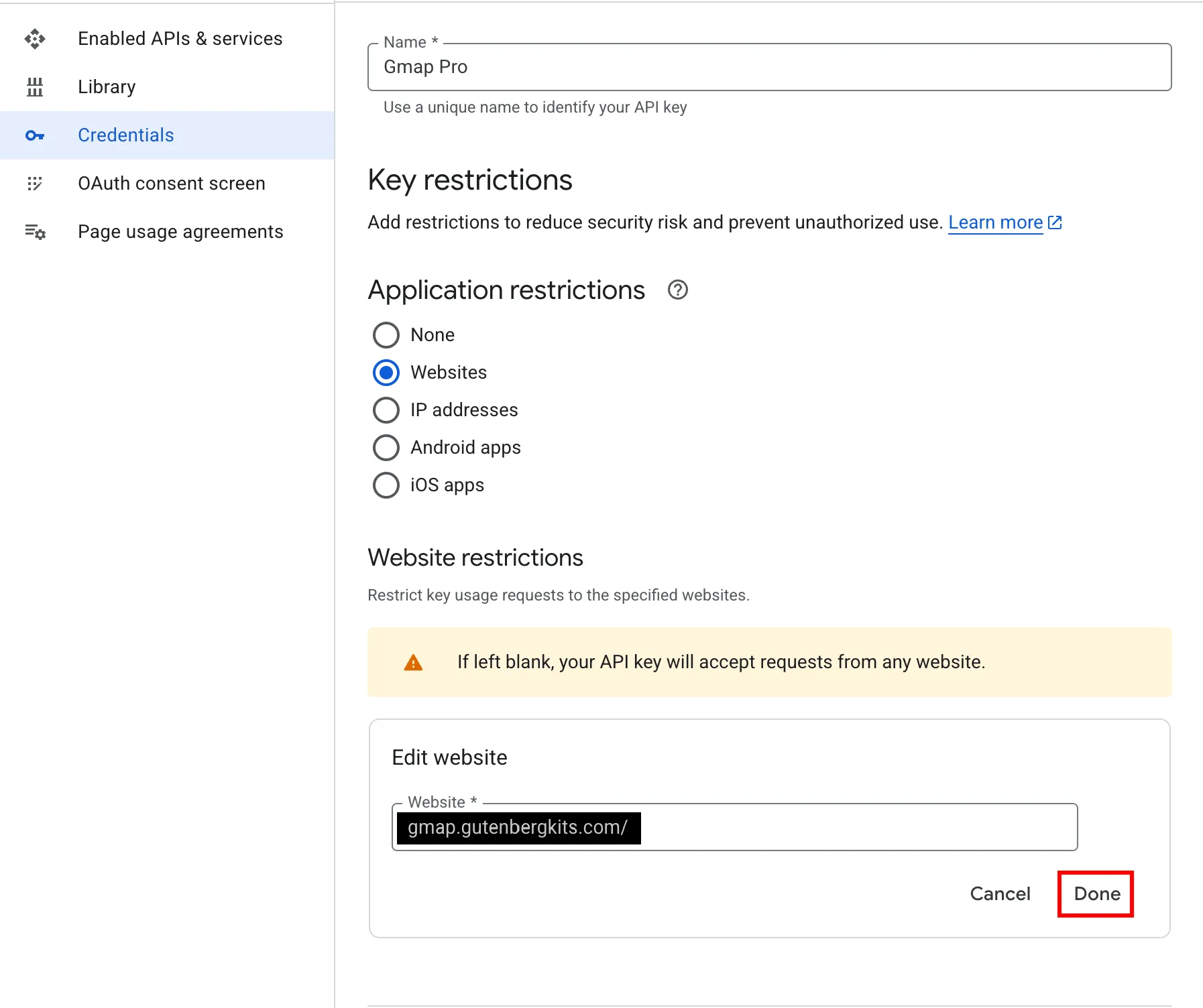 add restrict website for map api